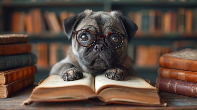 timid little pug with glasses opening book and reading for his finals
