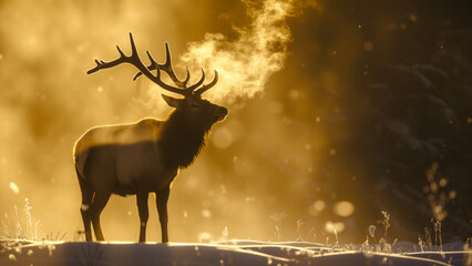 Winter’s Breath: Sunlit Elk in a Snowy Morning