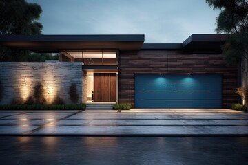 Obraz premium A contemporary residential building showcasing its blue garage door against a sleek facade.