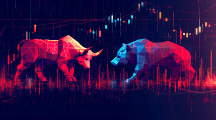 株式市場の取引チャートにおけるデジタル化された強気と弱気の対立。株式市場での取引、経済成長のイメージ。