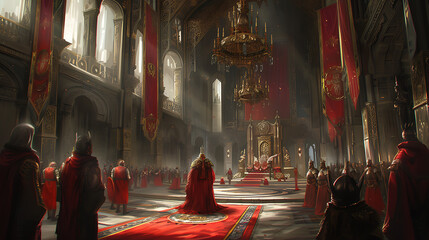 A majestic high fantasy royal court filled with gallant knights, influential noble families, and a grand throne room fit for a monarch's reign. - obrazy, fototapety, plakaty