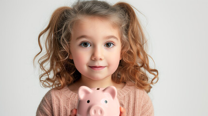 Fototapeta na wymiar Young Savvy Saver: 7-Year-Old Girl Smiles at Prosperous Piggy Bank Savings
