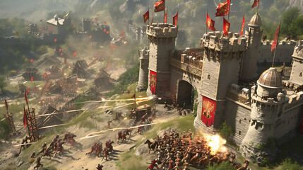 Witness an epic medieval castle siege as catapults launch projectiles, archers rain arrows, and knights clash in fierce battle. - obrazy, fototapety, plakaty