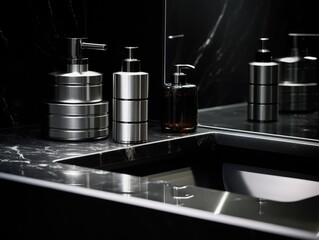 A sleek bathroom sink featuring soap dispensers and a mirror for everyday use.