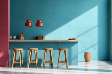 A spacious kitchen with blue-painted walls and wooden stools placed around the kitchen island counter.