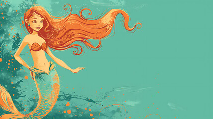 A beautiful mermaid with long flowing hair, sitting gracefully on a captivating turquoise background.