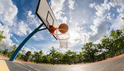 the moment when the basketball flies through the air towards the hoop