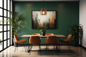 A dining room featuring vibrant green walls and orange chairs, creating a bold and lively atmosphere.