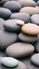 Fototapeta na wymiar A pile of sea rocks in black, gray and yellow shades on a gray earth. Sea pebbles. Generated AI.