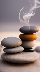 A pile of sea stones in black, gray and yellow shades are stacked in pyramids. Sea pebbles. Generated AI.