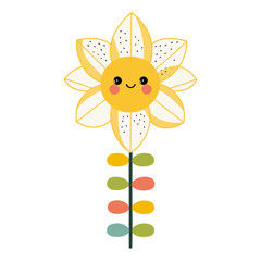 Flower with face clipart for kids. Cute spring flower hand drawn illustration in Scandinavian and flat style