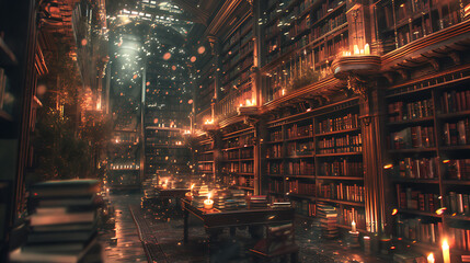 Step into a mystical world as you enter a magical library filled with endless shelves adorned with ancient books. Twinkling, floating candles illuminate the enchanting surroundings. - obrazy, fototapety, plakaty