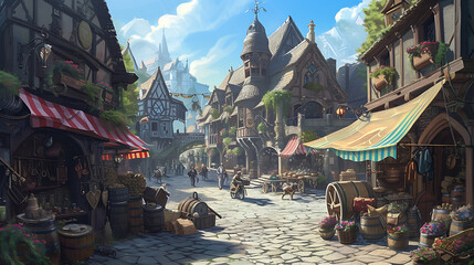 A vibrant mystical marketplace filled with enchanting creatures and magical treasures.