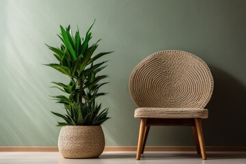 Fototapeta na wymiar A wooden chair is placed next to a vibrant potted plant in a well-lit room.