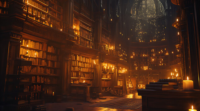 Step into a mystical world as you enter a magical library filled with endless shelves adorned with ancient books. Twinkling, floating candles illuminate the enchanting surroundings.