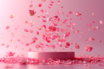 Pink product podium placement on a pink background with flying petals