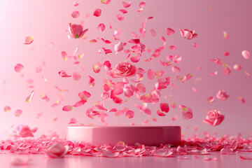 Obraz premium Pink product podium placement on a pink background with flying petals