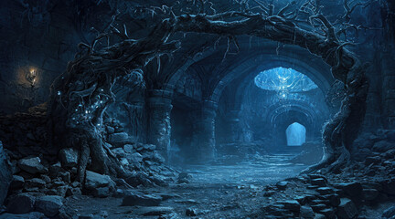 Fototapeta premium a dark cave with a light shining. Generative AI