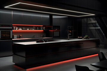 all black kitchen with high gloss cabinets  - obrazy, fototapety, plakaty