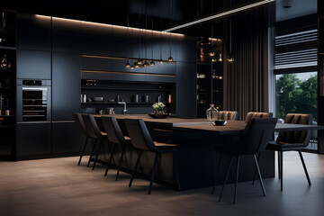 all black kitchen with high gloss cabinets  - obrazy, fototapety, plakaty