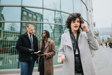 Young multiracial business partners engaged in a discussion outside modern glass buildings, with one person talking on the phone.