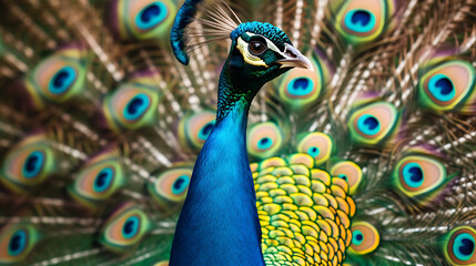 Majestic peacock displaying vibrant feathers against a deep royal blue backdrop.