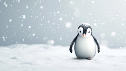 A charming penguin waddles across a snowy landscape, framed against a light gray backdrop.