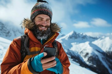 Fototapeta premium A solitary figure braves the harsh winter elements, gazing at their phone amidst a snowy landscape, dressed in warm hiking attire as they stand against the freezing wind and towering mountains