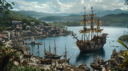 Scenes of a 17th-century pirate ship in a bustling Caribbean harbor, as pirates go about their...