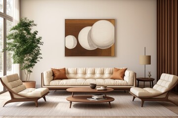 A spacious living room filled with a variety of furniture, featuring a notable painting hanging on the wall.