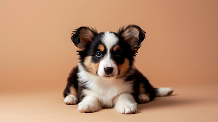 A charming puppy with adorable floppy ears poses on a cozy beige background, exuding playfulness and joy.