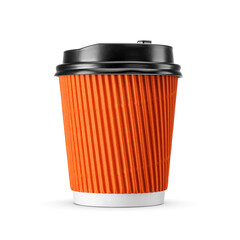 Red paper coffee cup with corrugated cardboard sleeve isolated. Transparent PNG image.