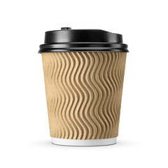 Brown paper coffee cup with corrugated cardboard sleeve isolated. Transparent PNG image.