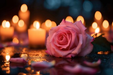 A romantic evening blooms with the soft glow of candlelight, as a single pink rose basks in its warm embrace amidst a sea of wax and delicate garden roses