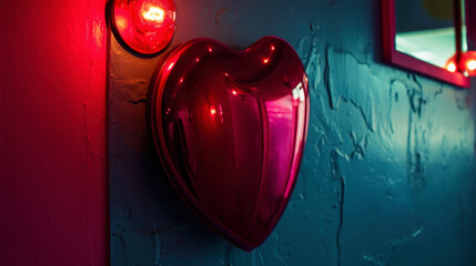 Stylish romantic interior with mirrors and illuminated neon heart. Modern contemporary Art. Valentines Day.Generative AI