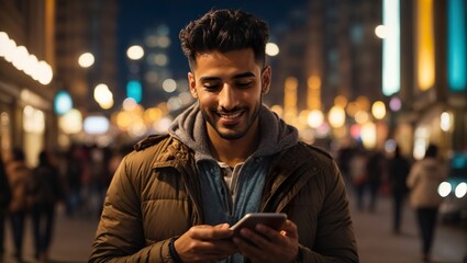 Young arab man using and texting on his smart phone portrait ai generated