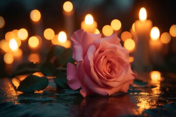 A solitary pink rose, glistening with water droplets and illuminated by the warm glow of a candle, exudes delicate beauty and serenity