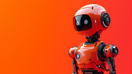 A cheerful 3D robot character with a warm and approachable personality, set against a vibrant red background.