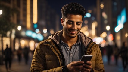 Young arab man using and texting on his smart phone portrait ai generated