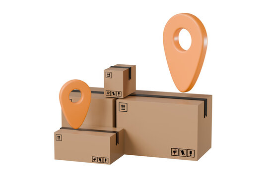 3D Location mark and Cardboard box stack on ground icon. 3D Logistics and Factory concept. 3D Order or parcel tracking icon. Pin marker icon. Minimal Cartoon design isolated background. 3D Rendering.