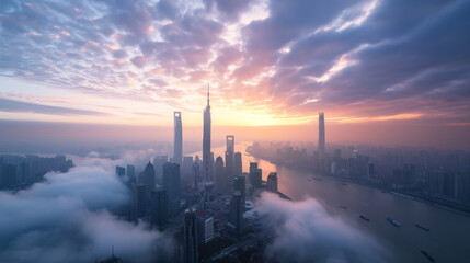 Shanghai city on sundown, in the style of mist.