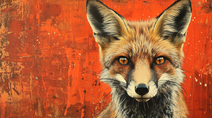A cunning fox with captivating eyes against a backdrop of vibrant rust red. - obrazy, fototapety, plakaty