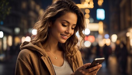 Young caucasian woman using and texting on his smart phone mobile, smiling face, ai generated