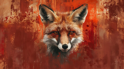 A cunning fox with mesmerizing eyes against a vibrant rust-red backdrop.