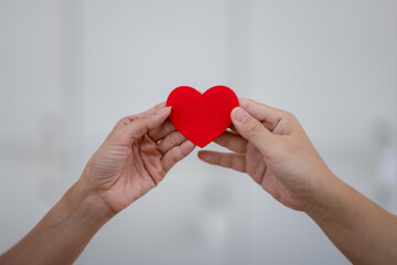 Fototapeta premium Close-up of hands holding a red heart-shaped Valentine's Day gifts, February 14, symbol of love.