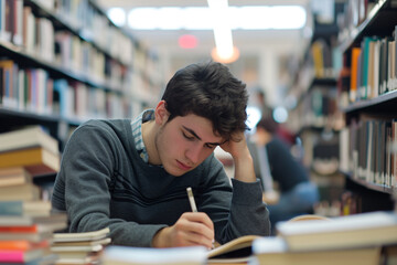 A stressed male college student studying for an exam at a library