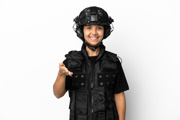 SWAT woman isolated on white background shaking hands for closing a good deal