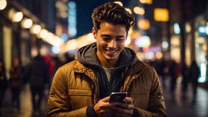 Young asian man using and texting on his smart phone mobile, smiling face, ai generated