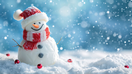 A cheerful snowman stands in a serene winter landscape against a chilly blue backdrop.