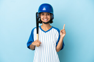Baseball mixed race player woman with helmet and bat isolated on blue background pointing up a great idea